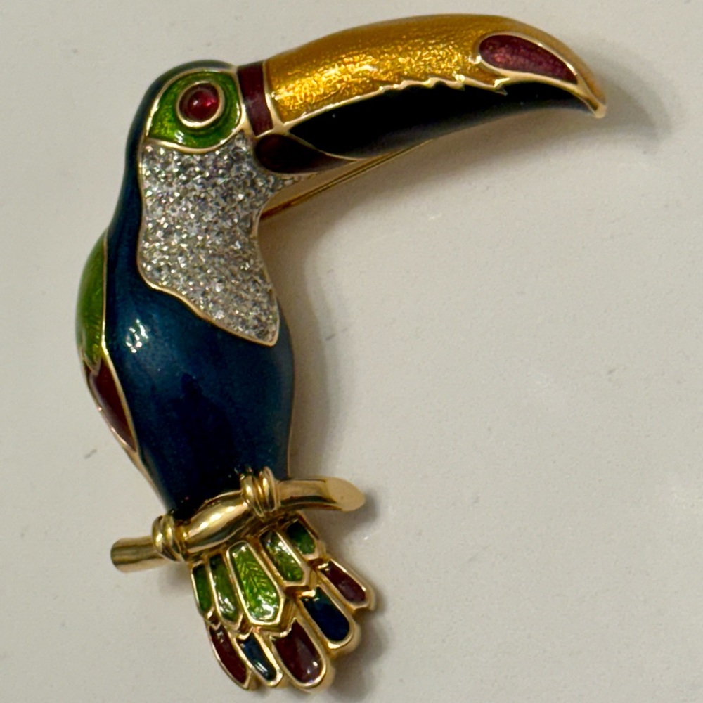 Judith Leiber Toucan Bird Parrot Pin Brooch Enamel & Crystals- Signed - Picture 2 of 12